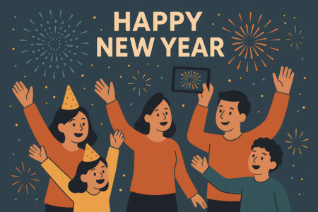 Cheerful family members waving hands, wearing party hats, and enjoying fireworks on a device, wishing a Happy New Yearの素材