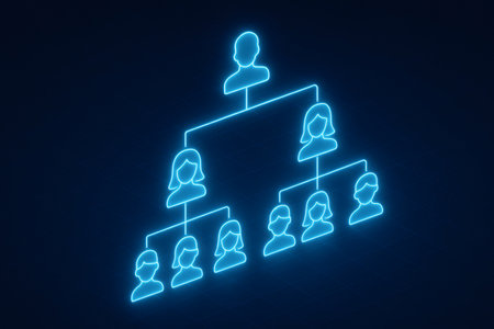 People icons connecting in a luminous blue digital network, representing family, genealogy, or organizational hierarchyの素材