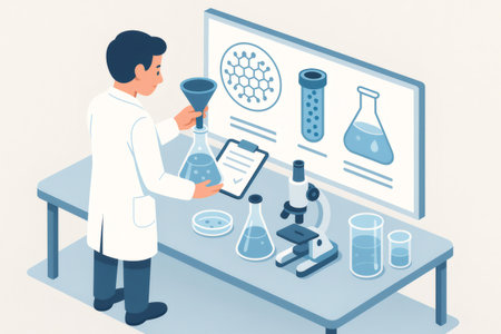 Scientist pouring liquid into a flask, performing a chemistry experiment with nano filter technology. Screen displaying molecular structureの素材