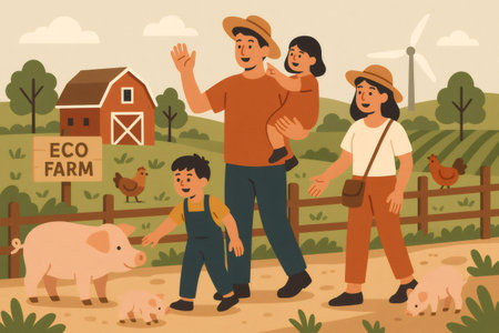 Happy family exploring an organic farm, interacting with pigs and chickens. Sustainable agriculture and a green lifestyle conceptの素材
