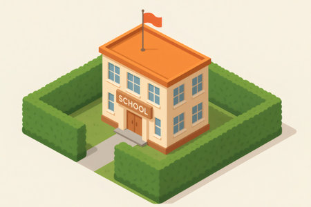 School building standing inside a protective perimeter of green hedges, symbolizing education, security, and learning spacesの素材