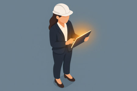 Female architect wearing a hard hat and suit, standing while checking plans on a glowing digital tabletの素材