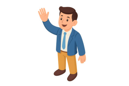 Smiling male cartoon character in business attire waving hand. Representing greeting, welcome, or departure in a professional settingの素材