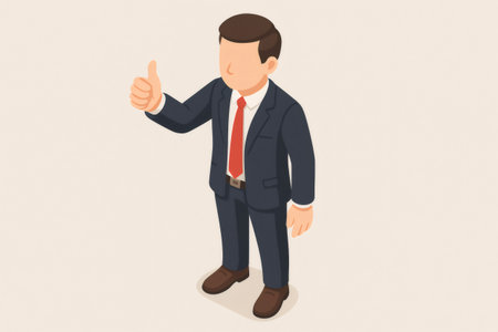 Isometric businessman displaying a thumbs up gesture, symbolizing success, agreement, and positive feedbackの素材