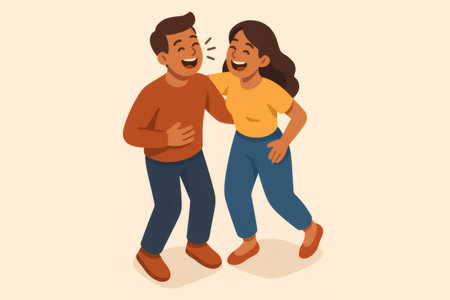 Young man and woman standing together, laughing cheerfully. Concept of happiness, positive emotion, strong relationshipの素材