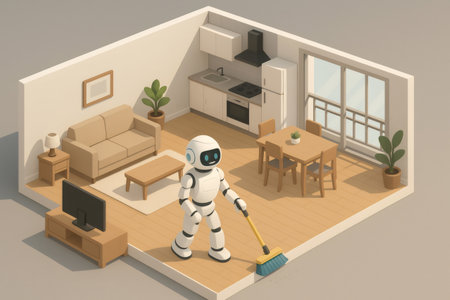 Friendly robot cleaning modern apartment floor. Illustrating future technology, smart home, and artificial intelligence in daily lifeの素材