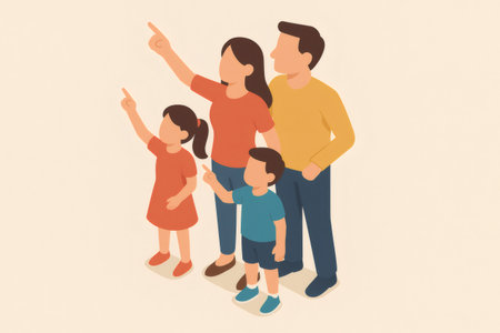 Happy family standing together, parents and children pointing and looking up, dreaming about future goalsの素材