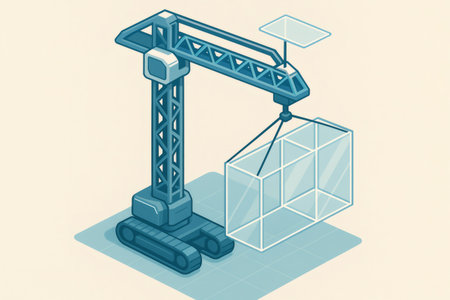 Automated crane lifting a transparent block, representing smart construction, modular building, and future technology developmentの素材