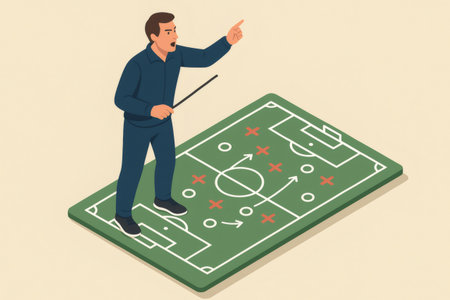 Soccer coach giving instructions and discussing strategy on a miniature football pitch with team formations and player movementsの素材