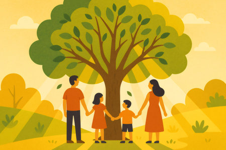 Family standing together under a large green tree, depicting unity, growth, and connection with nature in a warm, sunny settingの素材