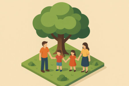 Four person family holding hands, showing unity, togetherness, connection, and growth, standing on a patch of grass under a large treeの素材
