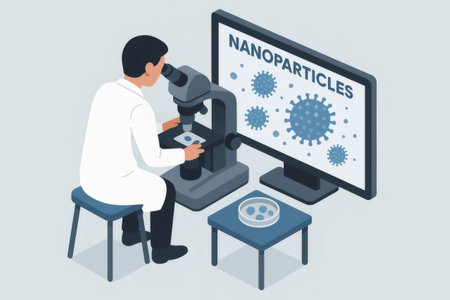Scientist examining nanoparticles with a microscope and computer display. Focusing on research, nanotechnology development, and microbiologyの素材