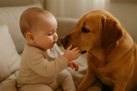 Baby's small hand gently touching the nose of a calm golden retriever, fostering a tender connection and friendshipの素材