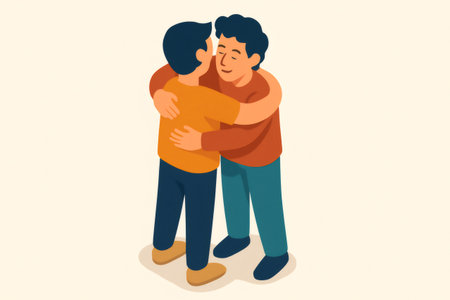 Two friends or colleagues hugging, symbolizing connection, support, and warmth. An isometric artworkの素材
