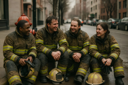 Group of diverse firefighters laughing together on a street curb, resting after duty with helmets off, showing teamwork and camaraderieの素材