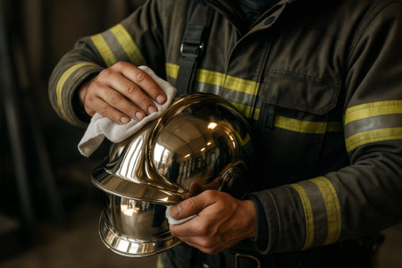Firefighter hands wiping and polishing a classic metallic helmet with a white cloth, demonstrating care and readiness for serviceの素材