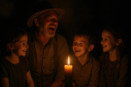 Intergenerational family members gathering in a dark room, sharing laughter and happiness under the warm glow of a candleの素材