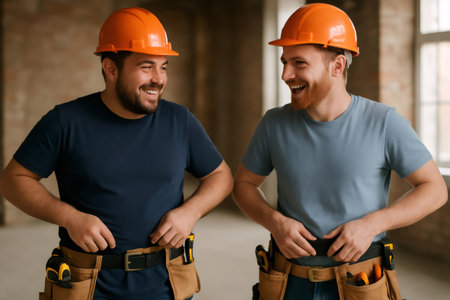 Two cheerful construction workers wearing hard hats and tool belts laughing and communicating on a job siteの素材