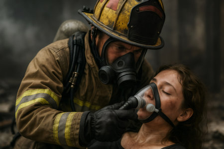 Firefighter in protective gear giving an oxygen mask to an unconscious victim in a smoky, dangerous environmentの素材