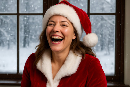 Happy woman in a red Santa suit wearing a Christmas hat laughing cheerfully against a snowy window backdrop, celebrating winter holidaysの素材