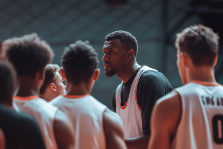 Coach tactical guidance to young basketball players during a huddle on the court, focusing on strategy and teamworkの素材