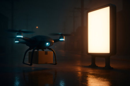Autonomous drone flying with a package at night, showing modern delivery, e-commerce, and advanced logisticsの素材