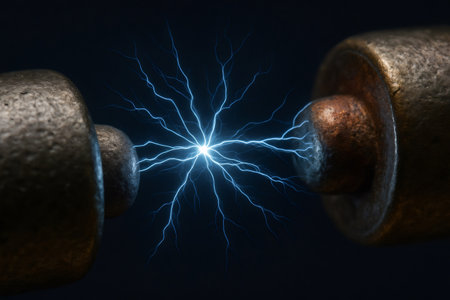 Blue electric spark discharging between two metal electrodes, showing power, energy, connection, and high voltage scienceの素材