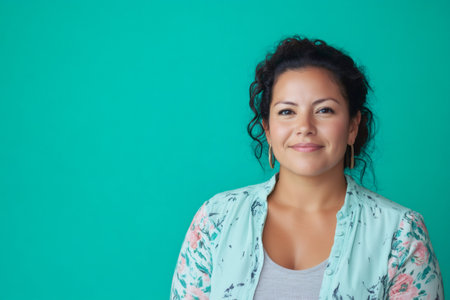 Young adult woman expressing happiness and confidence, representing diverse ethnicity. She wears a casual floral shirtの素材