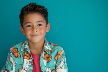Young boy smiling directly at the camera. He looks positive, happy, and confident. Turquoise backgroundの素材