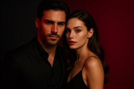 Confident man and woman in formal wear standing close, looking at viewer with intense expressions against contrasting backgroundの素材