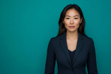 Asian business woman portraying professionalism and confidence, looking at viewer against a solid teal backgroundの素材