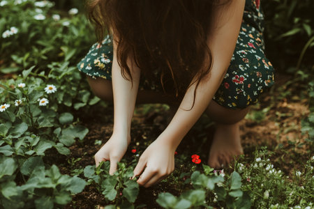 Person hands cultivating fresh plants and rich soil, enjoying connection with nature and sustainable living in a beautiful gardenの素材