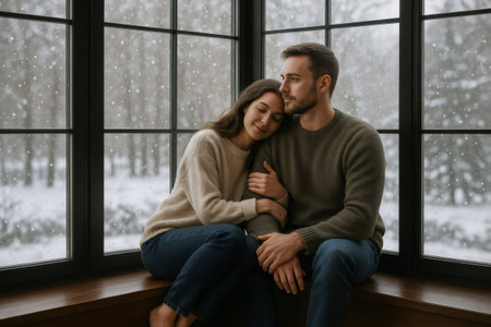 Young couple embracing, enjoying a cozy moment together indoors while looking at falling snow outside a large windowの素材