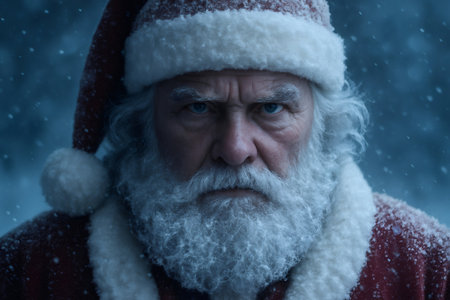 Santa Claus wearing his traditional red suit and hat, looking sternly with a serious expression amidst falling snowの素材