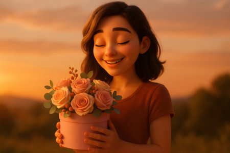 Young woman smiling with closed eyes, feeling appreciation and happiness while holding a beautiful rose bouquet at sunsetの素材