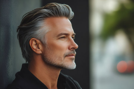 Handsome man with gray hair and beard looking away thoughtfully, portraying wisdom, confidence, and modern masculinityの素材