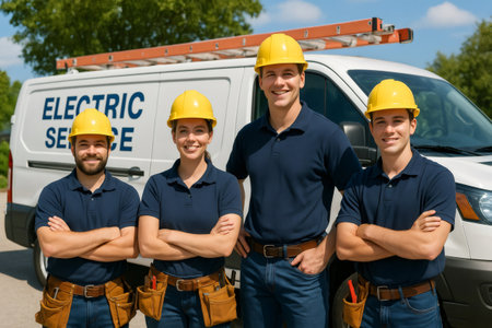 Smiling team of four electric service workers wearing hard hats and tool belts standing in front of their company vehicleの素材