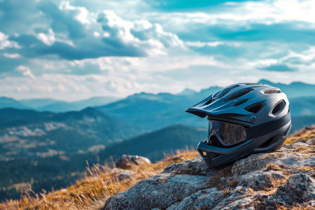 Mountain bike helmet with goggles resting on a rock, overlooking a vast mountain range under a cloudy sky. Representing outdoor adventure, safety, and challengeの素材