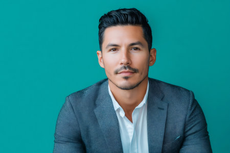 Young adult Hispanic man in a smart casual blazer and white shirt confidently looking at camera against a simple backgroundの素材