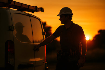 Tradesman wearing a hard hat opening a work van door during golden hour, reflecting concepts of service and skilled laborの素材
