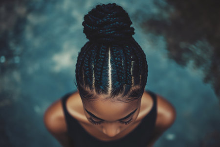 African American woman having neat cornrows hair styled into a classic topknot bun, captured from above, looking downの素材