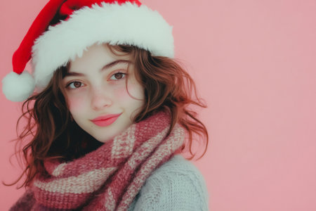 Young woman posing in a Santa hat and warm scarf against a pink background, celebrating Christmas spiritの素材