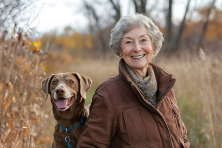 Senior woman smiling, spending quality time outdoors with her pet dog in a natural setting. Showing companionship and active agingの素材