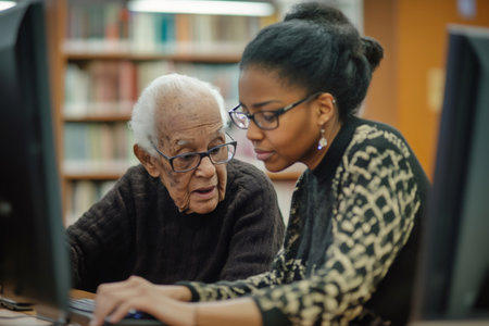 Young African American woman assisting an elderly man using a computer at a library, promoting digital education and intergenerational connectionの素材