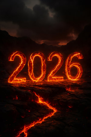 Year 2026 numbers illuminating a dark volcanic landscape with intense fiery cracks, representing a dramatic futureの素材