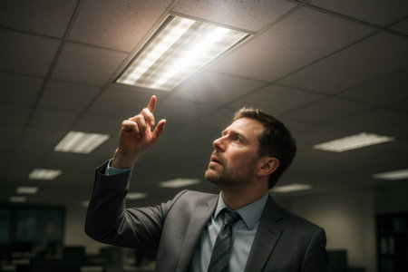 Businessman looking up and pointing at a flickering fluorescent ceiling light panel, identifying a maintenance or repair issueの素材
