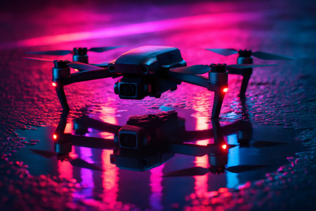 Modern drone resting after flight, reflecting vibrant pink and blue neon lights on a sleek, wet urban surfaceの素材