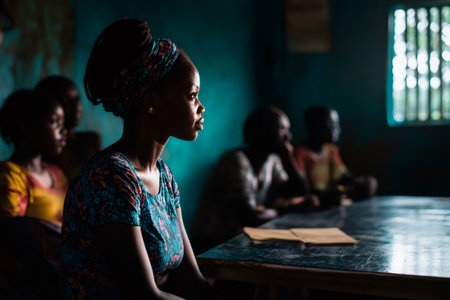 Young african woman sitting at school table, listening intently during a community meeting or educational sessionの素材