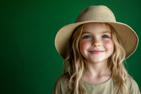 Smiling young girl wearing a straw hat on a green background. Capturing joy, innocence, and summer feelingsの素材