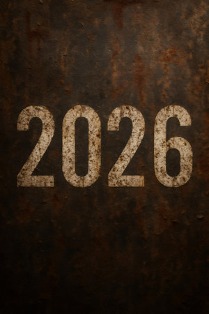 Number 2026 appearing on a rough, rusty industrial metal background. Representing the future, aging, and time passingの素材